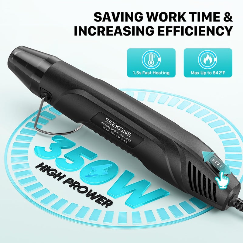 SEEKONE 350W Mini Heat Gun with Dual-Temp Model 500℉ & 842℉(260℃& 450℃), Hot Air Gun with Overload Protection and Reflector Nozzle for Heat Shrinking Tubes, Shaping, PVC Tubing（Black） - Image 3